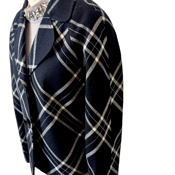 WOOL Career Jacket Black White French Styled Boxy Short Blazer Geometric Sz 8 - Picture 16 of 17